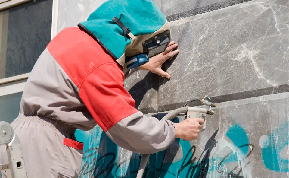 worker doing graffiti removal